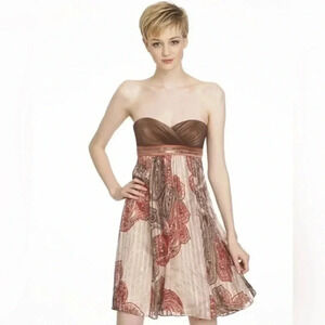 BCBGMaxAzria Boho Silk Strapless Dress Party Cocktail Gold Brown Coral Size 0